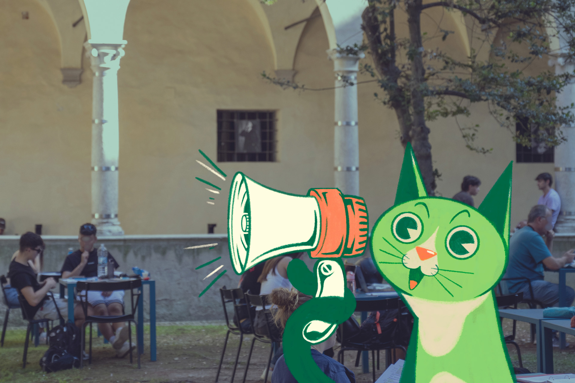 Illustrazione di gatto verde con altoparlante